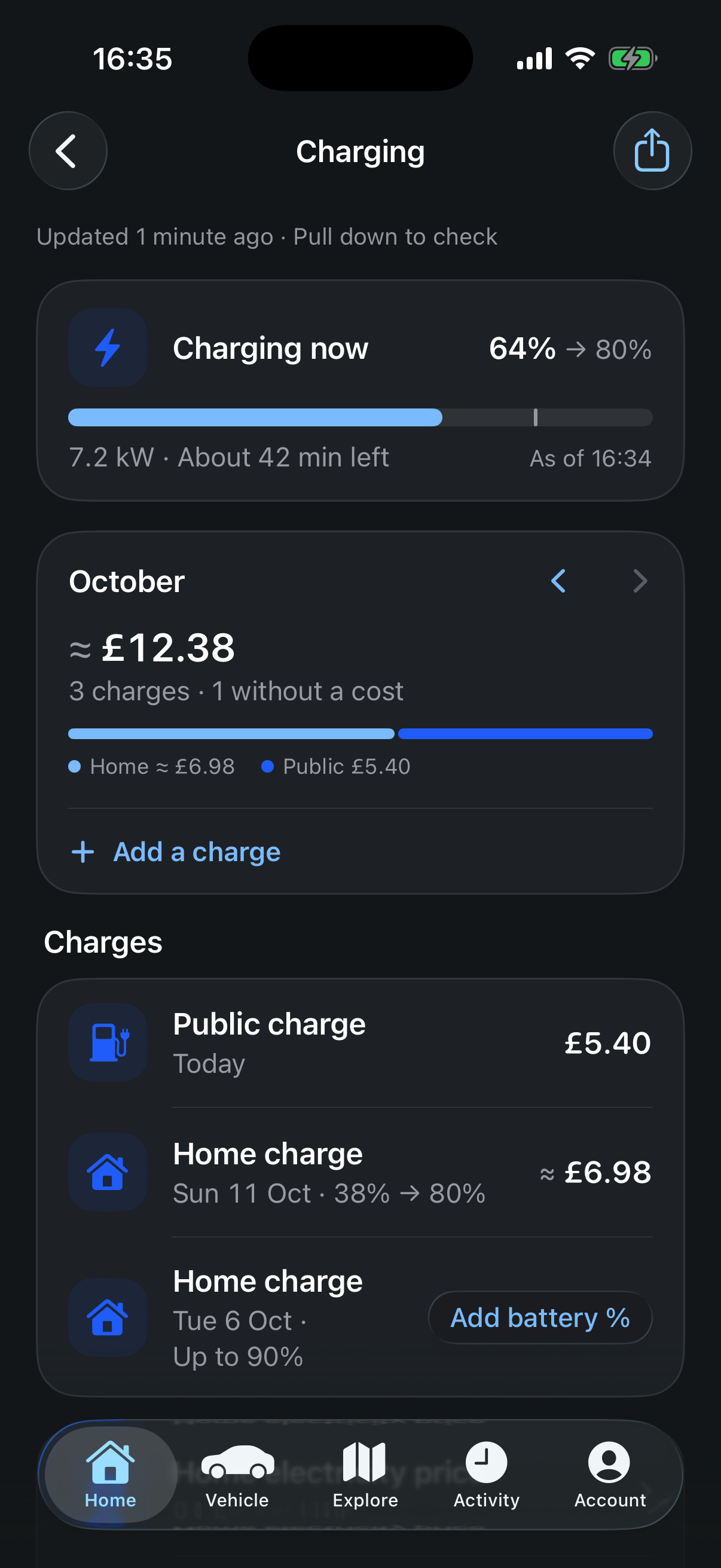 QuietDrive charging screen with monthly costs and home and public charging records
