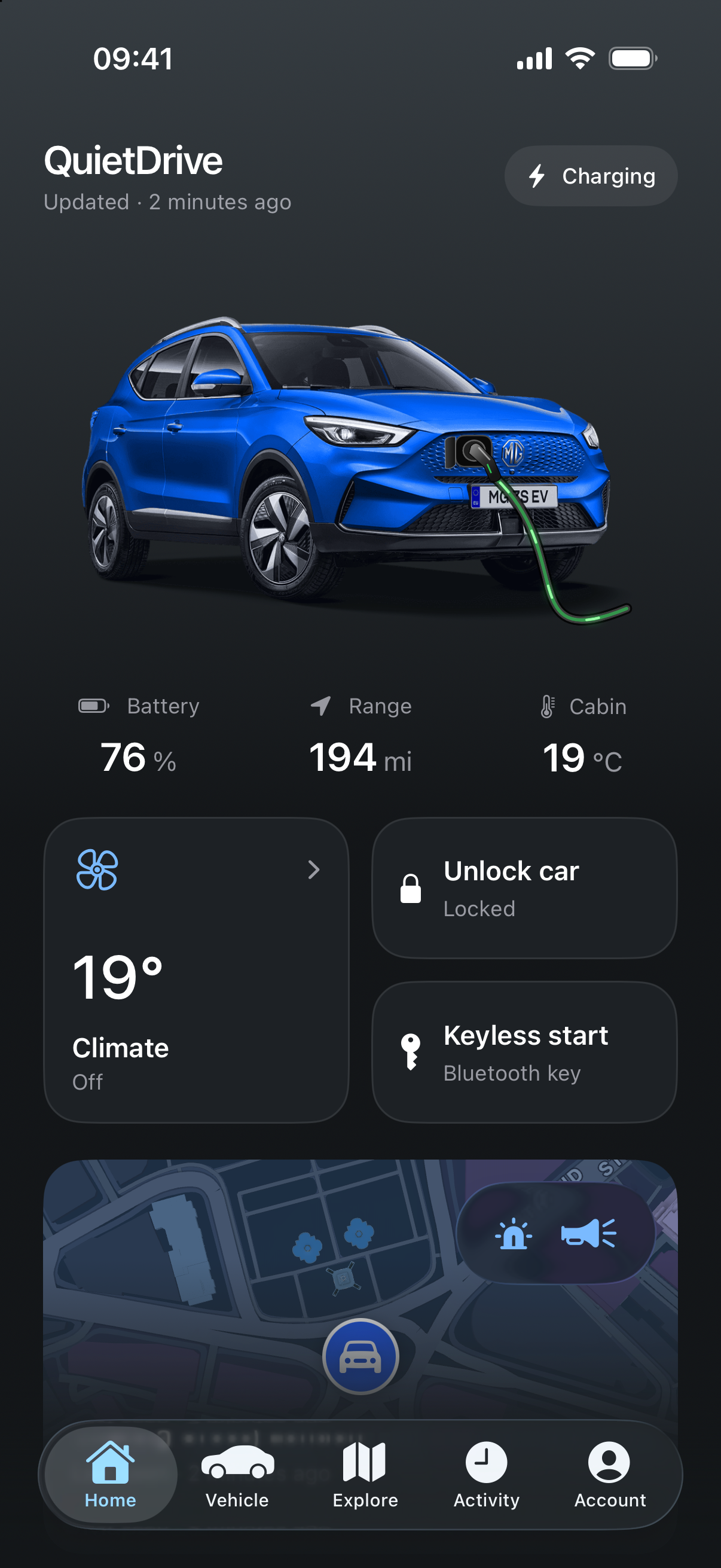 QuietDrive home screen showing an MG ZS EV, battery, range and cabin temperature